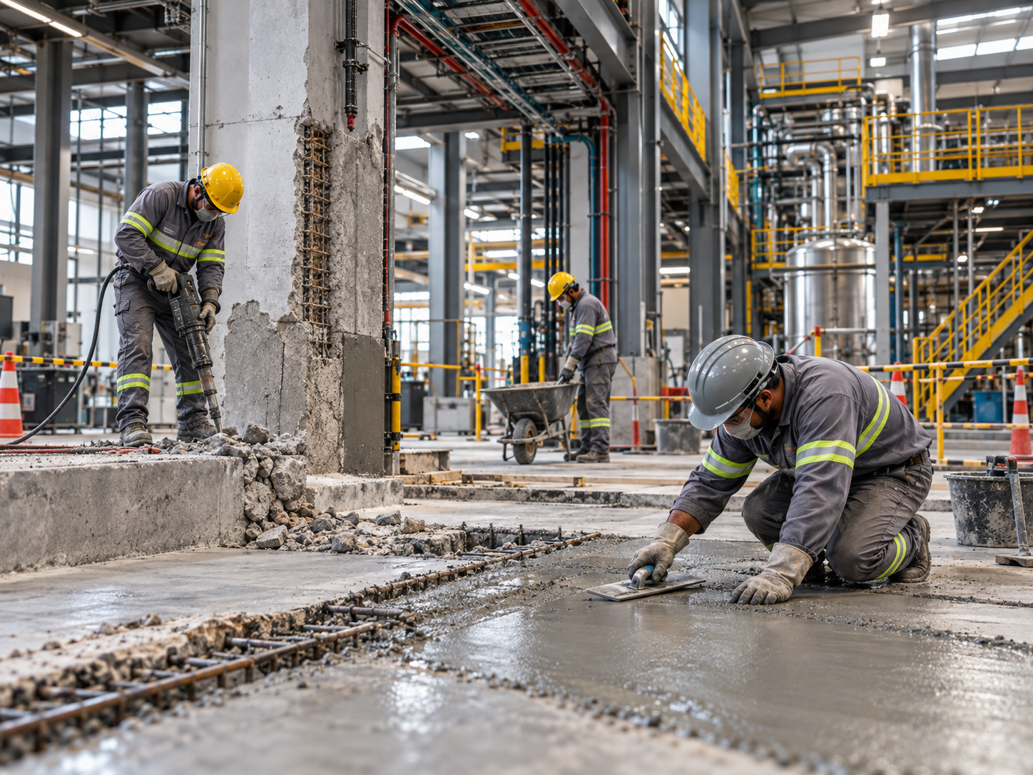 Obra civil industrial com recuperação e adequação de concreto