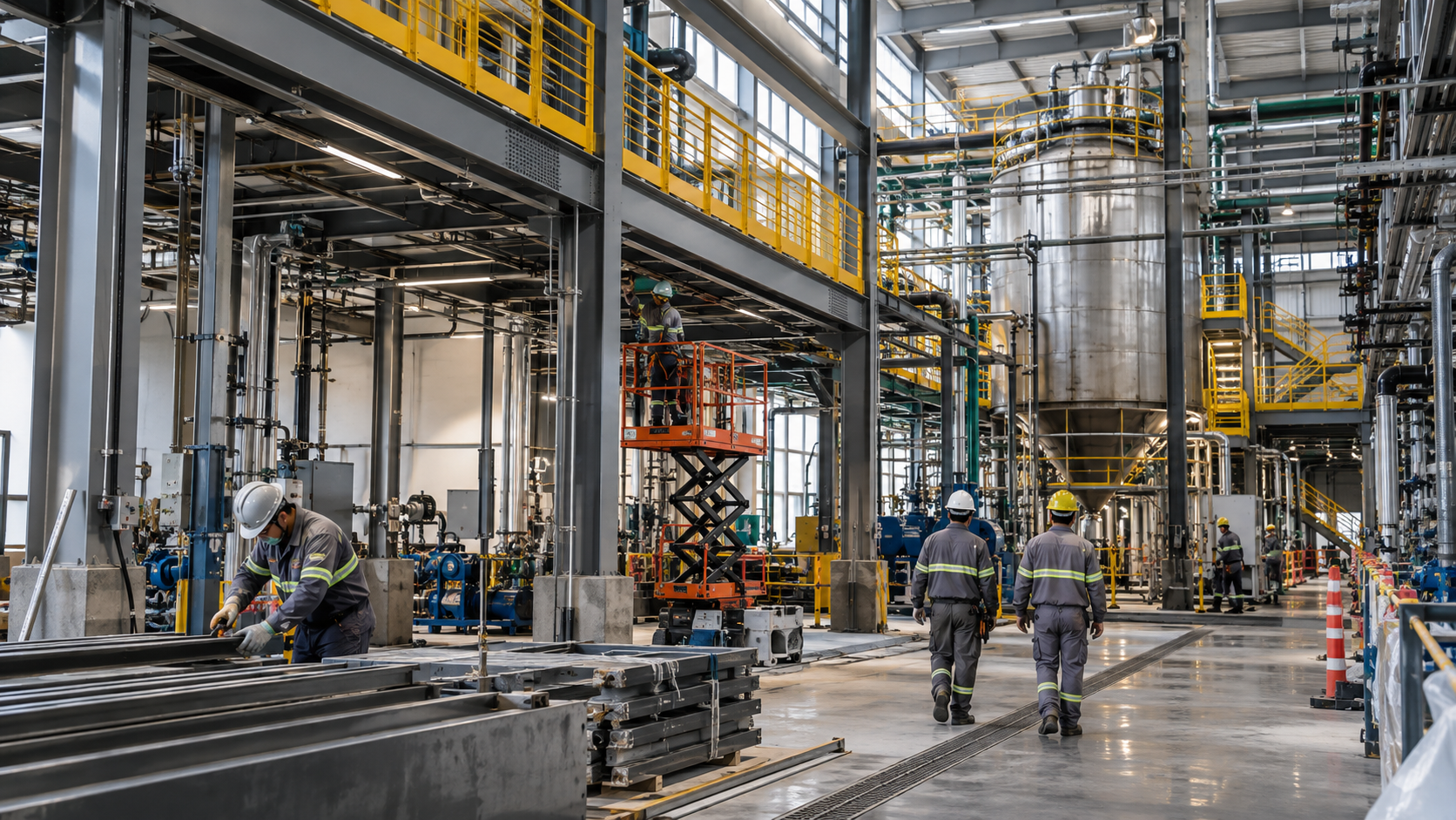 Reforma industrial em ambiente fabril com equipe técnica