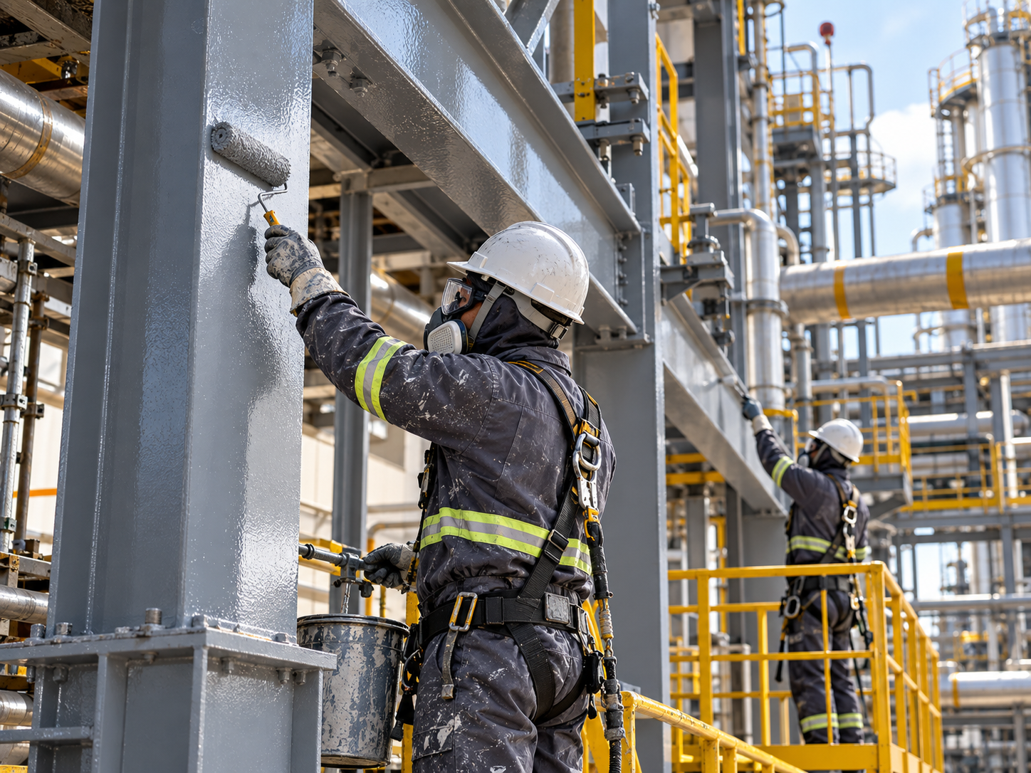 Aplicação de pintura anticorrosiva em estrutura metálica industrial