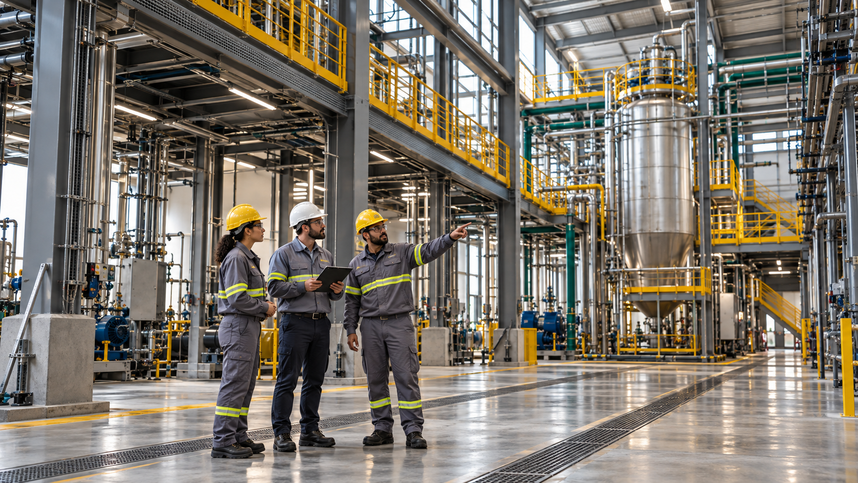 Equipe técnica avaliando instalação industrial